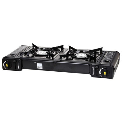 Taylor & Brown Black Portable Dual Burner Camping StoveEN417 CompliantAuto Ignition & Heat Control for Outdoor Use