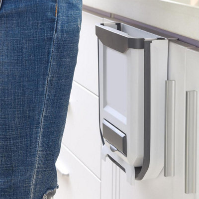 Taylor & Brown Folding Hanging Trash Can - Collapsible 9L Waste Bin for Home, Kitchen, Bathroom, Office & Car, White/Grey