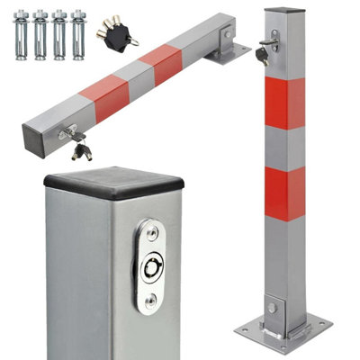 Taylor & Brown Lockable Fold Down Parking Bollard, Grey & Red, 65cm Height, Private Driveway Barrier & Car Park Space Saver