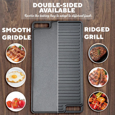 Taylor & Brown Reversible Cast Iron Griddle Pan, 45cm Long Pre-Seasoned Non-Stick BBQ Grill Plate with Integrated Handles