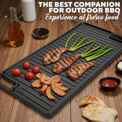 Taylor & Brown Reversible Cast Iron Griddle Pan, 45cm Long Pre-Seasoned Non-Stick BBQ Grill Plate with Integrated Handles