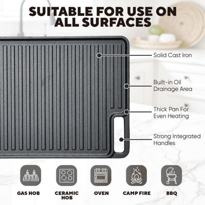 Taylor & Brown Reversible Cast Iron Griddle Pan, 45cm Long Pre-Seasoned Non-Stick BBQ Grill Plate with Integrated Handles