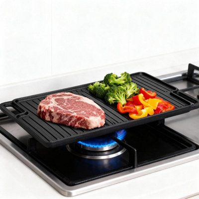 Taylor & Brown Reversible Cast Iron Griddle Pan, 45cm Long Pre-Seasoned Non-Stick BBQ Grill Plate with Integrated Handles