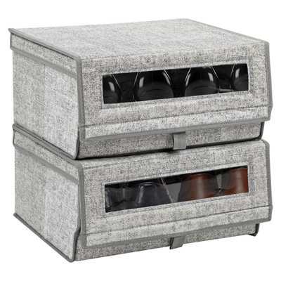 Taylor & Brown Set of 2 Large Fabric Stackable Shoe Storage Boxes with Lid & Transparent Window (Grey)