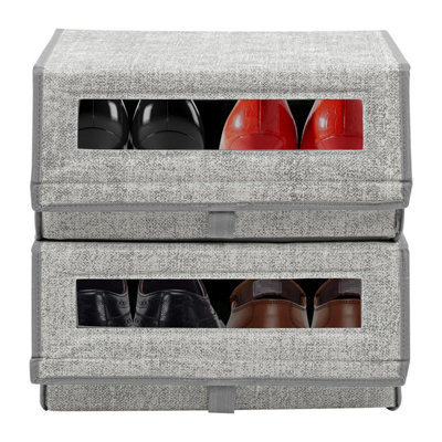 Taylor & Brown Set of 2 Large Fabric Stackable Shoe Storage Boxes with Lid & Transparent Window (Grey)