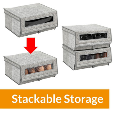 Taylor & Brown Set of 2 Large Fabric Stackable Shoe Storage Boxes with Lid & Transparent Window (Grey)