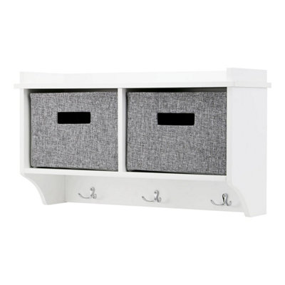Taylor & Brown Wall-Mounted 3 Hook Coat Rack with Shelf & 2 Fabric Baskets, Modern Hallway Organiser, W60xD20xH34cm (White)