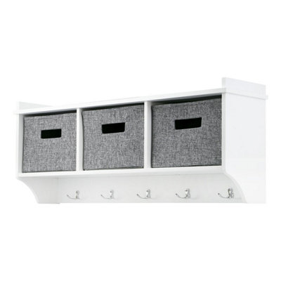Taylor & Brown Wall-Mounted Coat Rack with 5 Hooks, Shelf, 3 Fabric Baskets - Modern Hallway Organiser, W90xD20xH34cm (White)