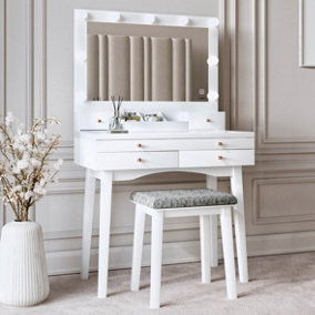 Taylor Dressing Table with Hollywood Mirror LED Lights Touch Sensor Glass Tabletop Storage 4 Drawers Stool Set Bedroom Furniture