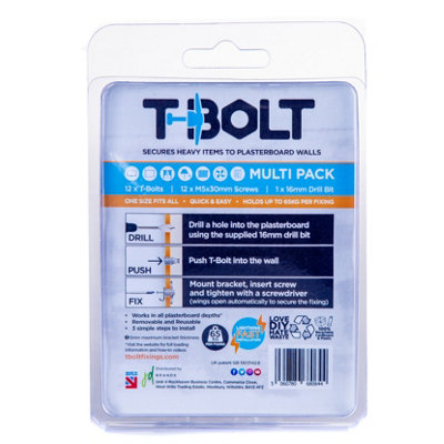 TBolt heavy duty METAL Plasterboard Fixing Multi Pack of 12 Holds up to 65kg per Fixing