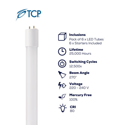 TCP Pack of 6 x LED T8 Tube Light, 800 Lumens, Cool White, 600mm in Length with starters included.