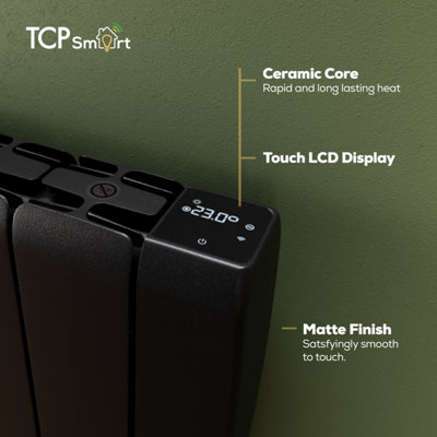 TCP Smart 1500W Matt Black Ceramic Panel Electric Radiator, Long ...