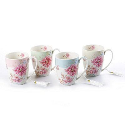 Tea Coffee Cup Mug Set 4 Ceramic Porcelain Bird Rose Butterfly Shabby Chic design in Gift Box 330ML (1 SET)