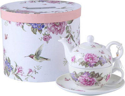 Tea for One Teapot Cup suacer Set Shaby Chic Flora Bird Rose Butterfly Porcelain Gift Box (Beige/Cream)