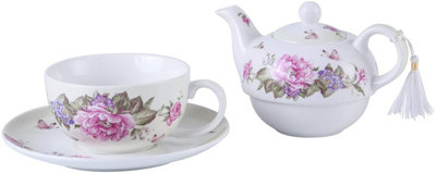 Tea for One Teapot Cup suacer Set Shaby Chic Flora Bird Rose Butterfly Porcelain Gift Box (Beige/Cream)
