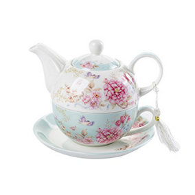 Tea for One Teapot Cup suacer Set Shaby Chic Flora Bird Rose Butterfly Porcelain Gift Box (Blue)