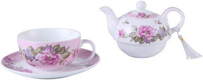 Tea for One Teapot Cup suacer Set Shaby Chic Flora Bird Rose Butterfly Porcelain Gift Box (Pink)