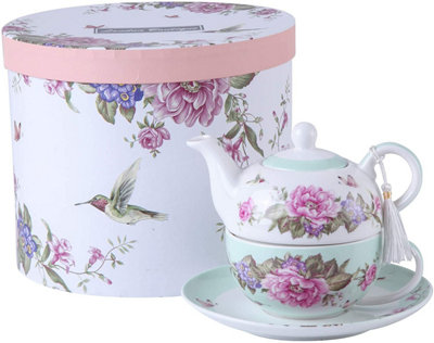 Tea for One Teapot Cup suacer Set Shaby Chic Flora Bird Rose Butterfly Porcelain Gift Box (Teal)