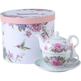 Tea for One Teapot Cup suacer Set Shaby Chic Flora Bird Rose Butterfly Porcelain Gift Box (Teal)