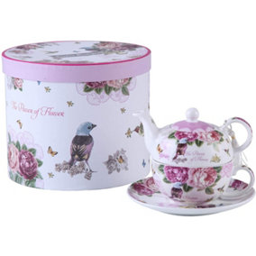 Tea for One Teapot Cup suacer Set Vintage Flora Rose Lavender Porcelain Gift Box (Bird Rose Butterfly)