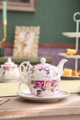 Tea for One Teapot Cup suacer Set Vintage Flora Rose Lavender Porcelain Gift Box Bird Rose