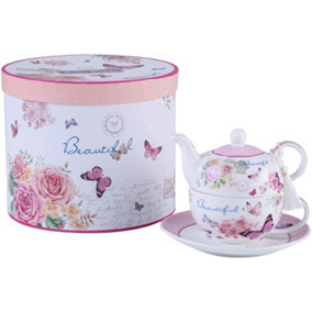 Tea for One Teapot Cup suacer Set Vintage Flora Rose Lavender Porcelain Gift Box (Butterfly Rose)
