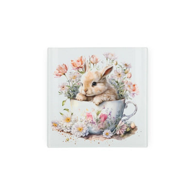 Teacup Bunny Glass Hot Pot Stand Trivet - Spring Floral Gifts - Kitchen Chopping Board Worktop Protector with Non-Slip Feet