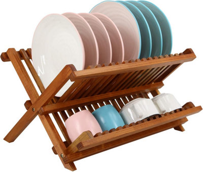 Teak Dish Rack Stand Drainer, Collapsible 2 Tier Dish Drying Rack with ...