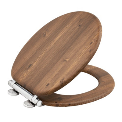 Teak Effect Wooden Toilet Seat Heavy Duty Bar Hinge Wood Finish