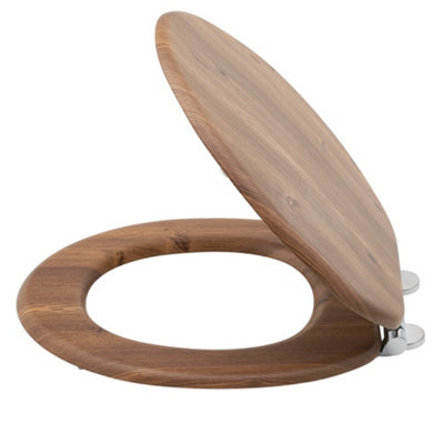 Teak Effect Wooden Toilet Seat Heavy Duty Bar Hinge Wood Finish