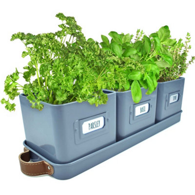 Teal Blue Herb Pots for Kitchen Windowsill - Set of 3 Indoor Planters with Leather Handled Tray & Labels - Green Thumbz