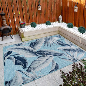 Teal Blue Navy Palm Leaf Textured Flatweave Indoor Outdoor Weatherproof Area Rug 115x170cm