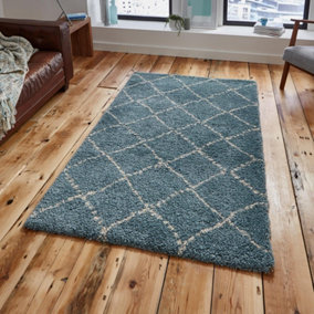 Teal/Champagne Geometric Shaggy Moroccan Modern Rug for Living Room Bedroom and Dining Room-120cm X 170cm