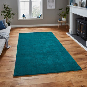 Teal Chequered , Geometric Luxurious , Modern , Plain , Wool Easy to Clean Rug for Bedroom, Living Room - 120cm X 170cm