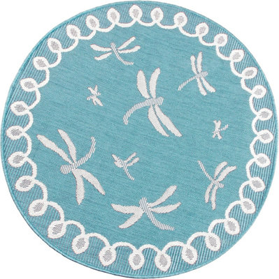 Teal Dragonfly Garden Patio Rug - Weatherproof, Mould & Mildew Resistant Indoor Outdoor Mat - Round 120cm Diameter