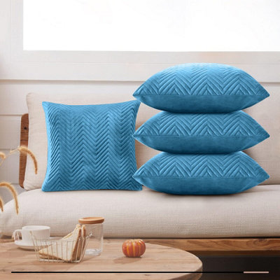 Teal Embossed Velvet Cushion Cover With Luxury Cushion Pad Ultra Soft Travel Cushions Pack Of 4