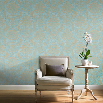 Teal Floral Damask Wallpaper Gold Metallic Shimmer Thick Heavy Weight Feature Wall