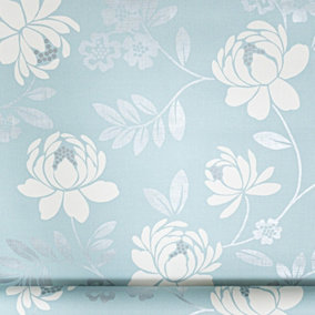 Teal Floral Textured Wallpaper Beige Blue Metallic Leaves Thick Paste The Paper
