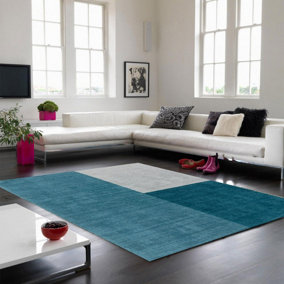 Teal Geometric Handmade Luxurious Modern Wool Rug Easy to clean Living Room and Bedroom-120cm X 170cm