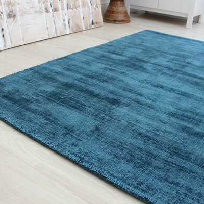 Teal Handmade , Luxurious , Modern , Plain Easy to Clean Viscose Rug