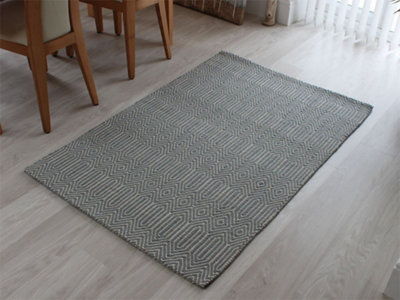 Teal Handmade Modern Wool Easy to Clean Geometric Rug For Dining Room Bedroom And Living Room-100cm X 150cm