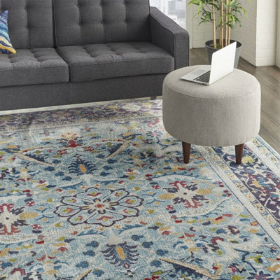 Teal/Multicolor Luxurious Traditional Persian Easy to Clean Floral Rug ...