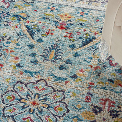 Teal/Multicolor Luxurious Traditional Persian Easy to Clean Floral Rug ...