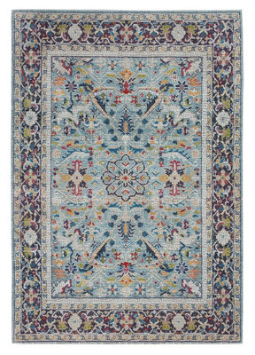 Teal/Multicolor Persian Rug, Easy to Clean Floral Rug, Stain-Resistant Traditional Rug for Dining Room-122cm (Circle)
