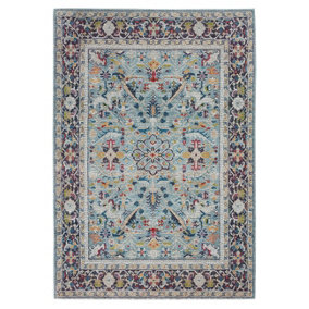 Teal/Multicolor Persian Rug, Easy to Clean Floral Rug, Stain-Resistant Traditional Rug for Dining Room-183cm (Circle)