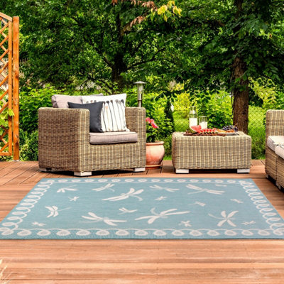 Teal Outdoor Rug, Animal Bordered Stain-Resistant Rug For Patio Garden Balcony, Modern Outdoor Area Rug-120cm X 170cm