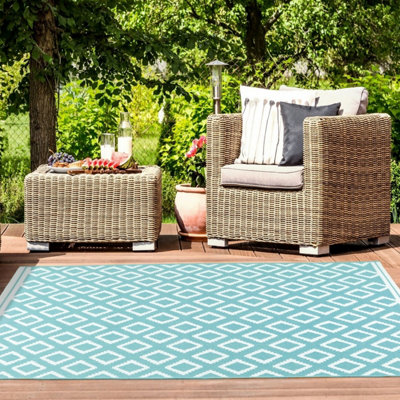 Teal Outdoor Rug, Geometric Stain-Resistant Rug For Patio Decks Garden Balcony, Modern Outdoor Area Rug- 80cm X 150cm