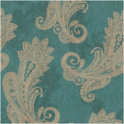 Teal Paisley Vinyl Wallpaper Beige Teardrop Pattern Feature Wall Hallway