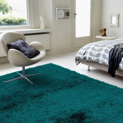Teal Plain Modern Luxurious Shaggy Machine Made Rug for Living Room and ...