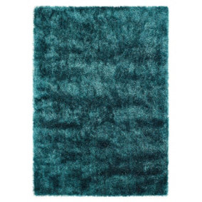 Teal Shaggy Rug, Anti-Shed Easy to Clean Rug, Handmade Plain Modern Rug for Bedroom, & Dining Room-80cm X 150cm